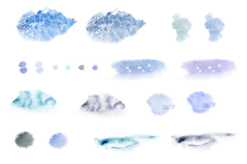 Set of watercolor splashes isolated on a white background, hand painted on paper. Different shades of blue elements.