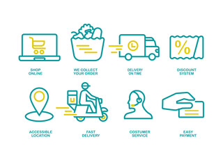 Online food market shopping icon set. Order, delivery, payment, costumer service. Line art symbols collection made in a modern style.
