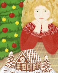 Christmas illustration with gingerbread house, christmas tree and girl, for postcard, poster or print