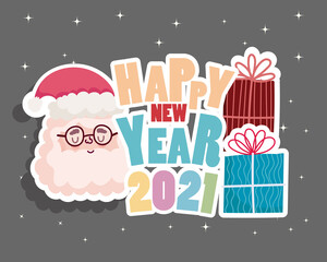 happy new year cute santa face with gift and message