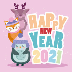 happy new year colored lettering with reindeer fox and penguin