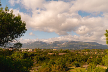Panoramic view of Parnitha mountain, on a cloudy autumn day. Athens, Greece October 2020