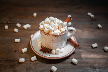 Christmas drink. Hot chocolate, marshmallow, cinnamon sticks and fir cones. Christmas, winter concept. Close up
