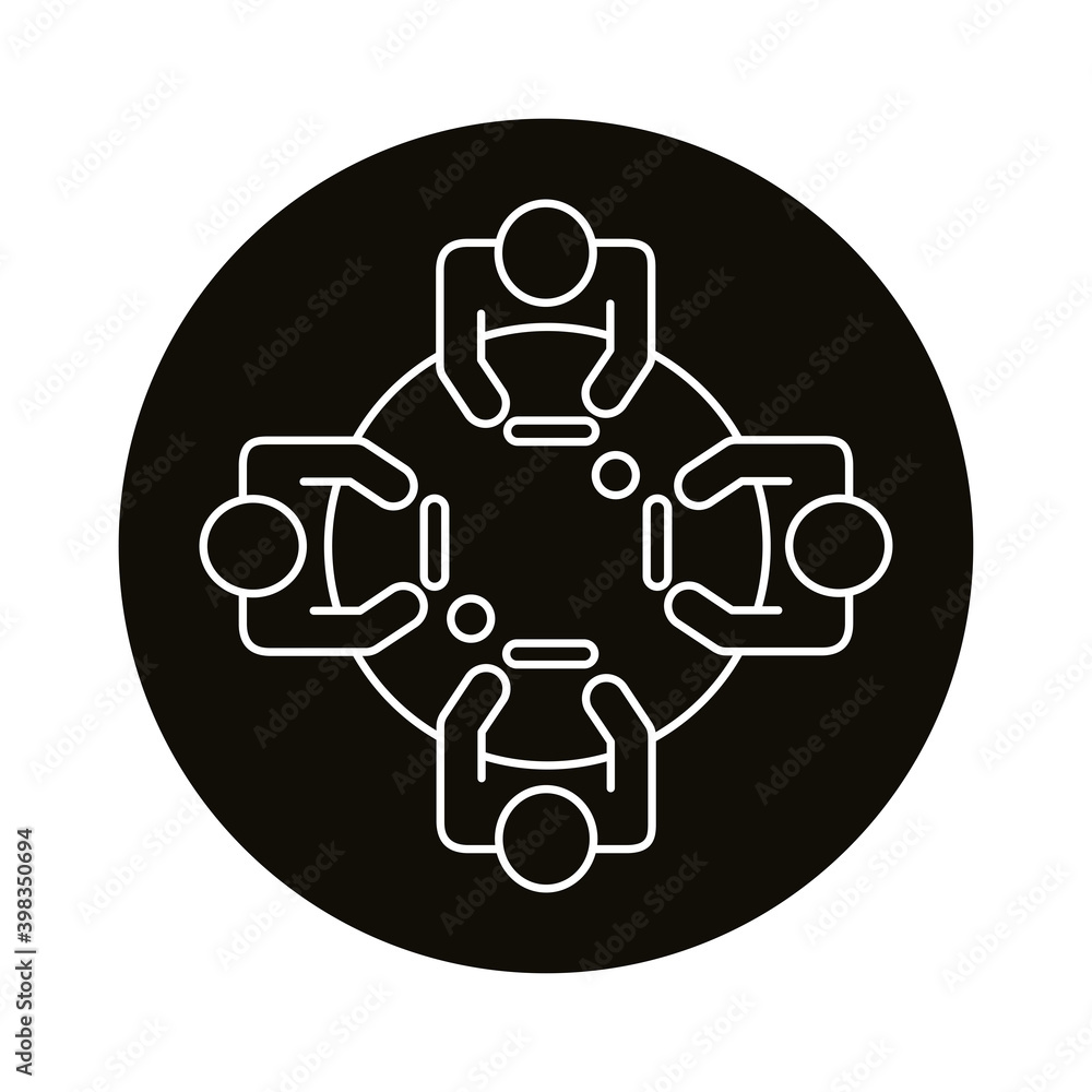 Poster four workers in round table coworking line style icon