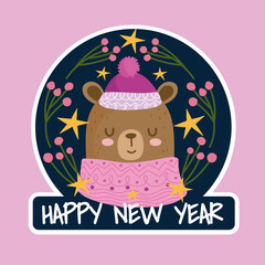 happy new year cute bear with sweater and hat card