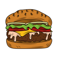 classic burger american with lettuce tomato onion cheese beef and sauce fast food