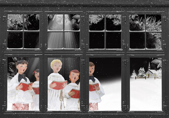 Christmas carolers in snowflakes and light beam with frosted window effect