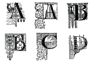 Assorted vintage engraved illustrated ornate letters, Black and White. 