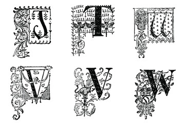 Assorted vintage engraved illustrated ornate letters, Black and White. 