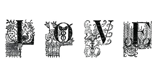 Ornate vintage letters "LOVE" Black and White illustrated