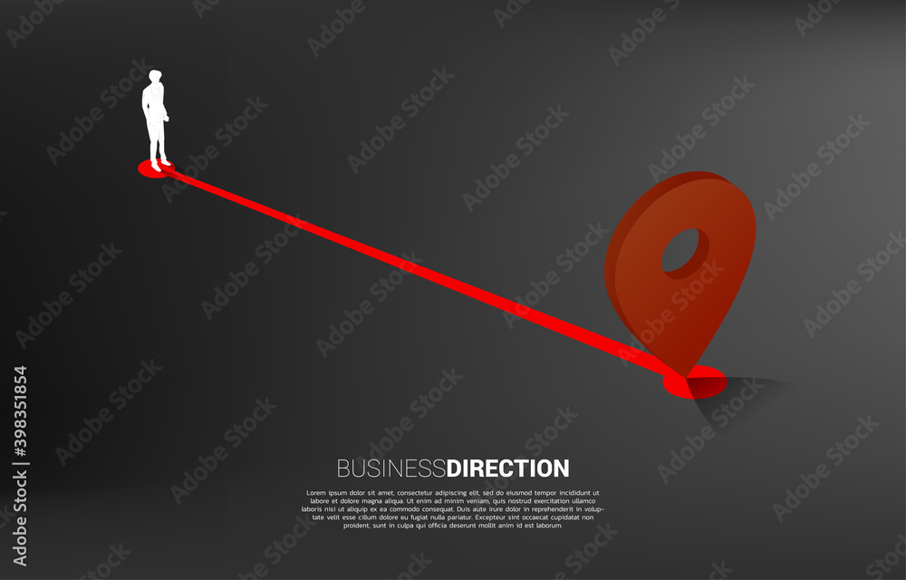 Poster route between 3d location pin markers and businessman . concept for location and business direction.
