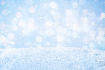 Fototapeta premium Abstract Blue Christmas Background with Snow. Blurred Snowflakes Photo.