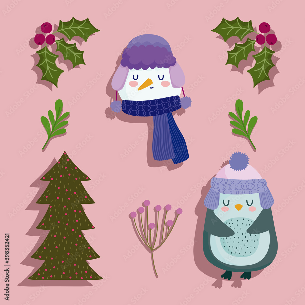 Canvas Prints happy new year snowman face penguin tree and holly berry