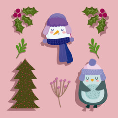 happy new year snowman face penguin tree and holly berry