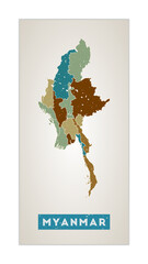 Myanmar map. Country poster with regions. Old grunge texture. Shape of Myanmar with country name. Trendy vector illustration.