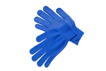 blue textile worker gloves isolated on a white background. above view. studio shot. handyman protective equipment