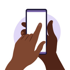African man hand holding smartphone with blank white screen. Using mobile smart phone. Flat design concept. Vector illustration.