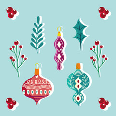 happy new year balls and foliage nature christmas celebration and decoration