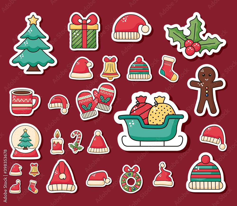 Wall mural bundle of happy merry christmas set icons