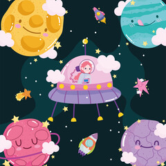 space astronaut girl in ufo rocket sun planets adventure cute cartoon