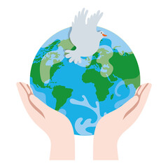 hands lifting earth planet and dove bird flying