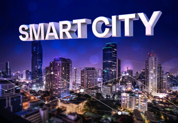 Smart city wireless communication network gradient line, Big data connection technology and communication network concept.