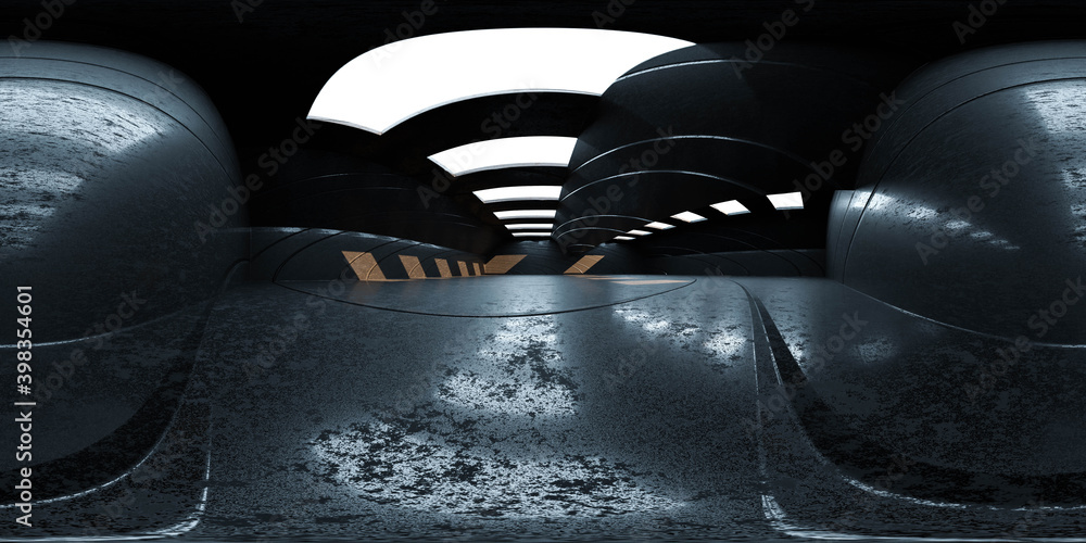 Poster 360 degree equi-rectangular render of futuristic industrial building with concrete shader 3d render 
