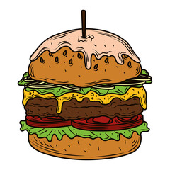 hamburger with melted cheese and toothpick fast food