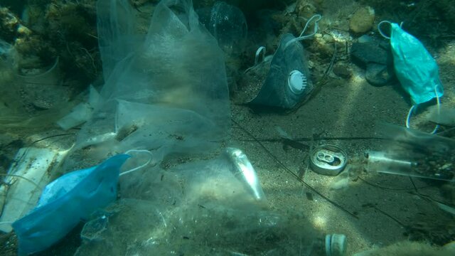 Dead Greater weever fish (Trachinus draco) hitting trapped in plastic bag lies inside plastic bag on the seabed among the medical face mask, plastic and other garbage. Plastic pollution of Ocean.  