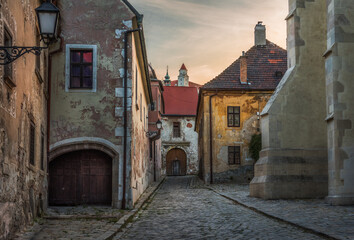Fototapeta na wymiar Farska Street in Historical Centre of Bratislava, Slovakia at Sunset