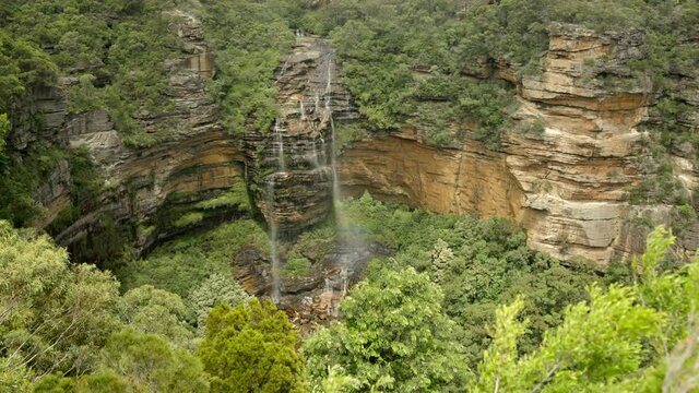 wide angle view of wentworth falls from princes rock lookout in the blue mountains of nsw, australia