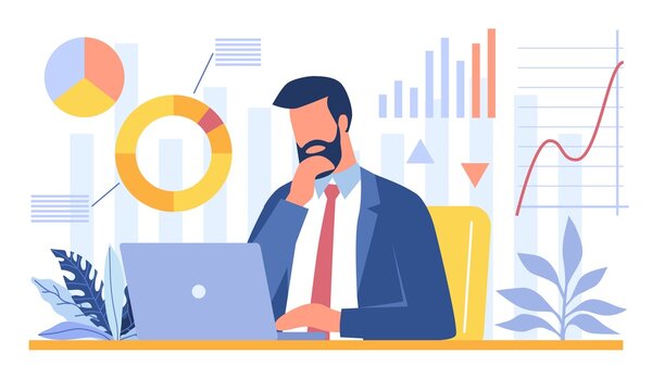 Bearded Businessman Sitting In Office And Analyzing Data On His Laptop. Data Science, Scientific Research, Workflow Concept. Business Charts And Diagrams. Flat Cartoon Vector Illustration