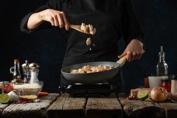 Professional chef stir frying chicken fillet in the pan. Backstage of cooking traditional Indian chicken curry on dark blue background. Frozen motion. Concept cooking process. Frozen motion.