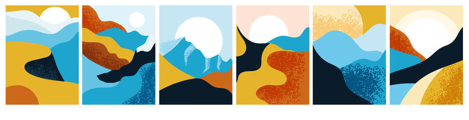 Abstract landscape poster collection. Set of contemporary art print templates. Nature backgrounds. Sunset and sunrize, mountains, hills and canyons, alien landscapes. Vector illustrations