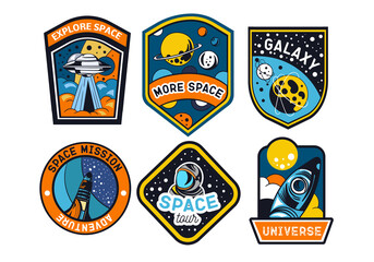 Naklejka premium Set of abstract and futuristic space badges, patches, emblems, and labels. Vector illustration