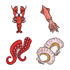 seafood lobster squid octopus oysters menu gourmet fresh icon isolated image