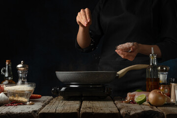 Chef pours sea salt into pan with frying chicken fillet. Backstage of cooking traditional Indian chicken curry on dark blue background. Frozen motion. Concept cooking process. Frozen motion.