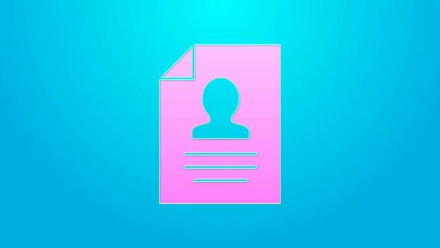 Pink line Resume icon isolated on blue background. CV application. Searching professional staff. Analyzing personnel resume. 4K Video motion graphic animation