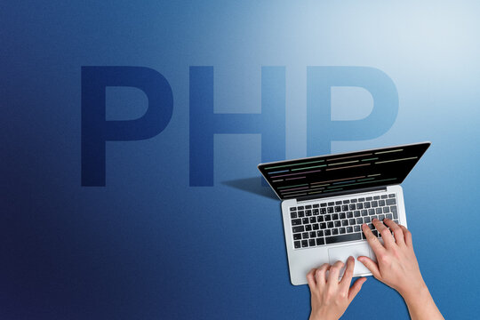 Programming language php code with person and laptop