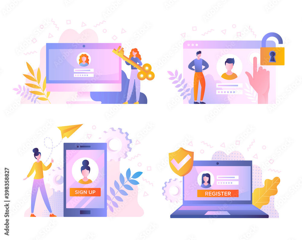 Poster set of people online registering or logging in. registration or sign up user interface. using secure