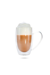  cappuccino with cinnamon on a foam in a transparent cup with a double bottom. isolate on white background