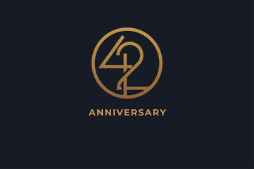 Number 42 logo, gold line circle with number inside, usable for anniversary and invitation, golden number design template, vector illustration - obrazy, fototapety, plakaty