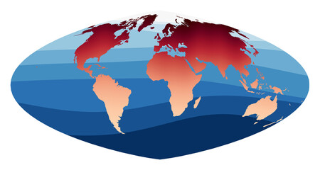 World Map Vector. Boggs eumorphic projection. World in red orange gradient on deep blue ocean waves. Classy vector illustration.