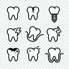Vector image. Collection of grinding wheels icons. Image of cavities, molar implant and toothache.