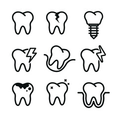 Vector image. Collection of grinding wheels icons. Image of cavities, molar implant and toothache.