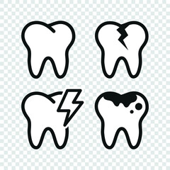 Vector image. Collection of grinding wheels icons. Image of cavities, molar implant and toothache.