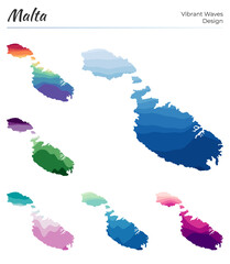 Obraz premium Set of vector maps of Malta. Vibrant waves design. Bright map of island in geometric smooth curves style. Multicolored Malta map for your design. Elegant vector illustration.