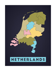 Netherlands map. Country poster with regions. Shape of Netherlands with country name. Attractive vector illustration.