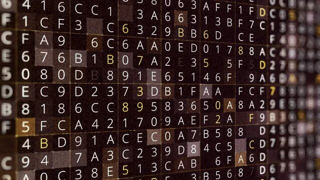Rows of changing symbols, hacking a password on black background, seamless loop. Animation. Abstract moving random letters, numbers associated with cyber attack on a panoramic view of squared pattern.