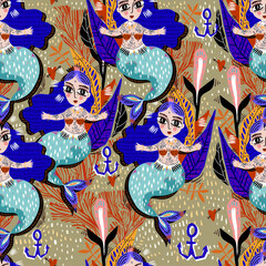 Folk spiritual cute boho flash style mermaid girl in the ocean seamless pattern.